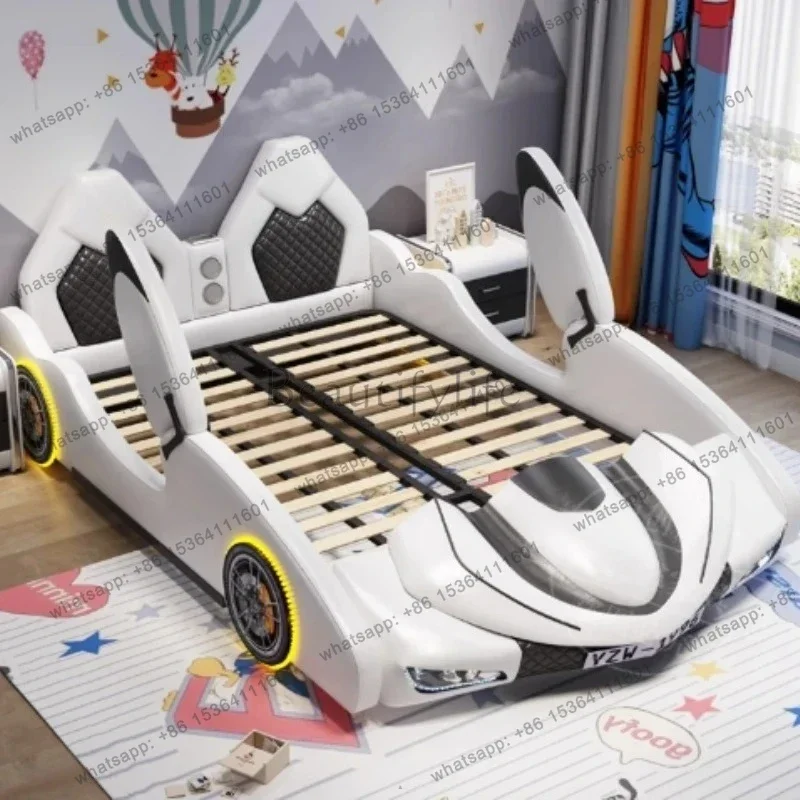 queen bedroom children car base frame double bed full size kids bed Intelligent projector colorful lights wheels open car door