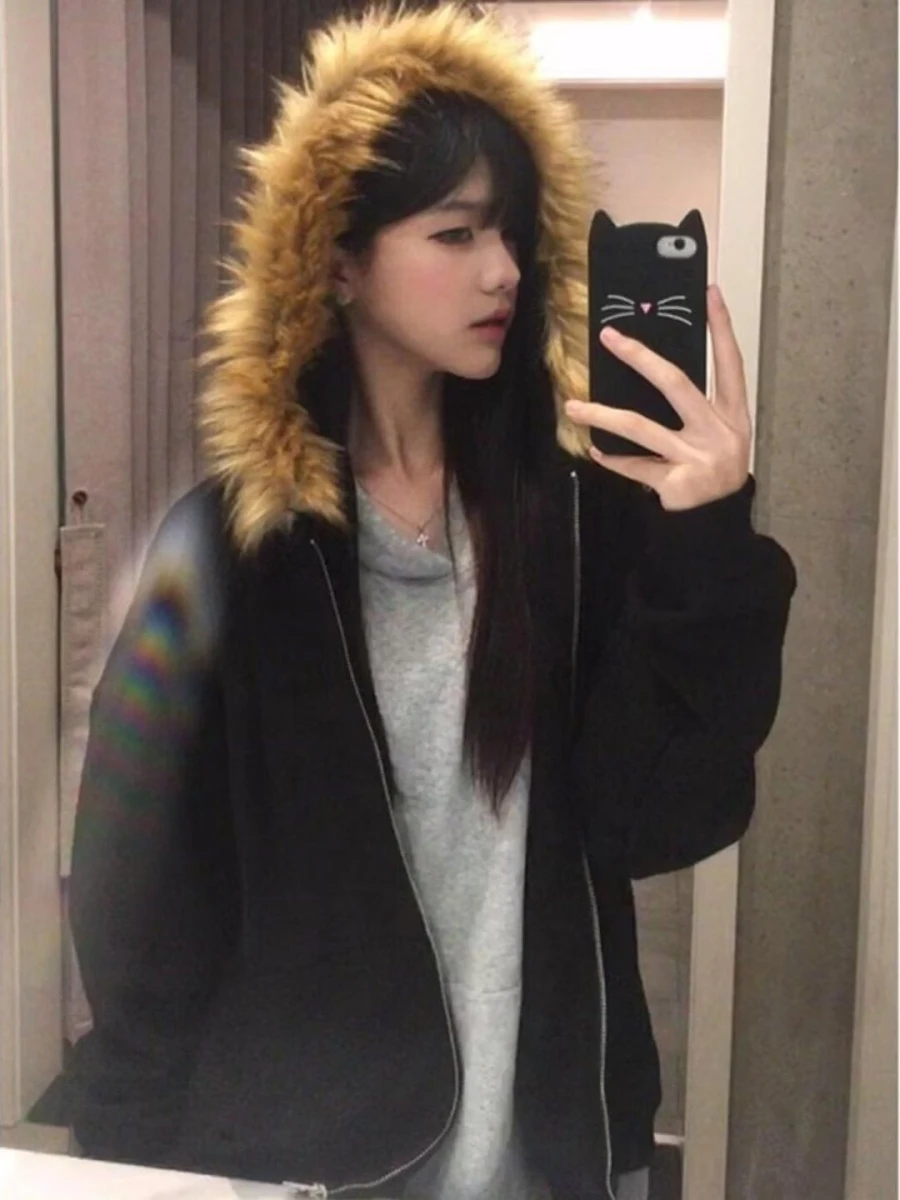 

Ретро-кардиган в американском стиле, свободный, простой, с капюшоном, на молнии, мужской, в гонконгском стиле, для пар, с меховым воротником, универсальная куртка