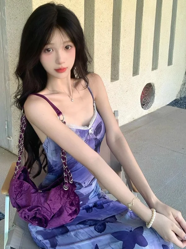 Summer Pure Desire Floral Print Purple Strap Dr Women's Sweet Spicy Slim Fit Long Skirt High Waist No Sve Commute Sle