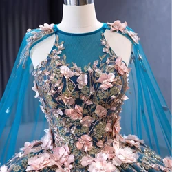 Saudi Arabic Original Style Hunter Blue Quinceanera Dresses With Wrap Flower Applique Big Skirt Vestido De 15 Anos Prom Party