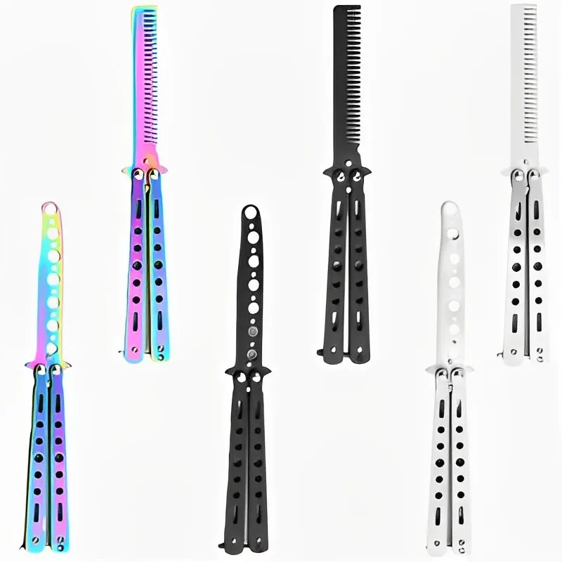 Hot Butterfly Knife Comb Foldable Comb Stainless Steel Practice Training Beard Moustache Brushe Salon Hairdressing Styling Tool