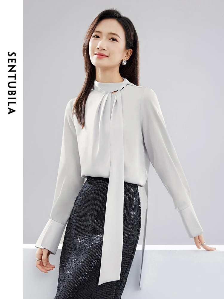 

SENTUBILA Elegant Chiffon Blouse for Woman 2024 Spring Bow Tie Neck Long Sleeve Tops Office Ladies Shirts & Blouses 141V52891