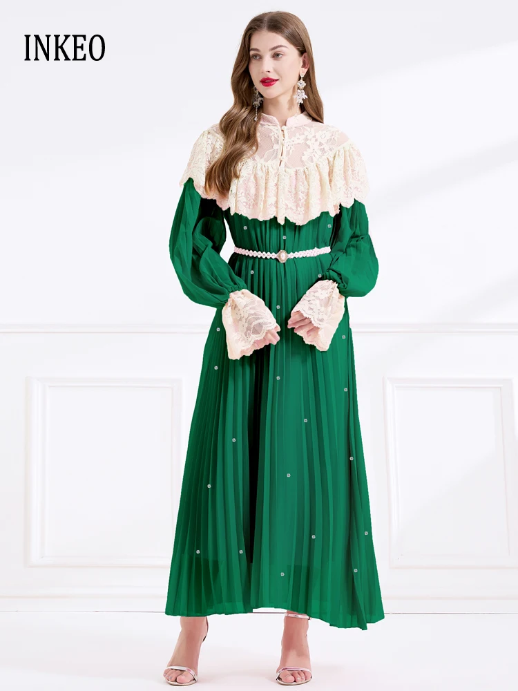

Vintage Lace patchwork Pleated dresses Women Oversize 2025 Fall Luxury Rhinestone Long sleeve Maxi dresses with pearl belt 5D204
