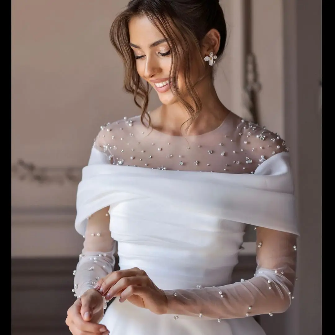 

FATAPAESE Holy White wedding Dress Illusion Neckline with Pearls Off Shoulder Style Satin A Line Skirt Bride Gown Princess