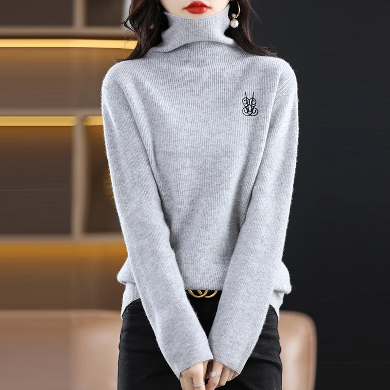 2023 Autumn/Winter New Cashmere Sweater Women\'s High Neck Pullover 100% Wool Loose Embroidered Jacquard Top Fashion Korean Editi