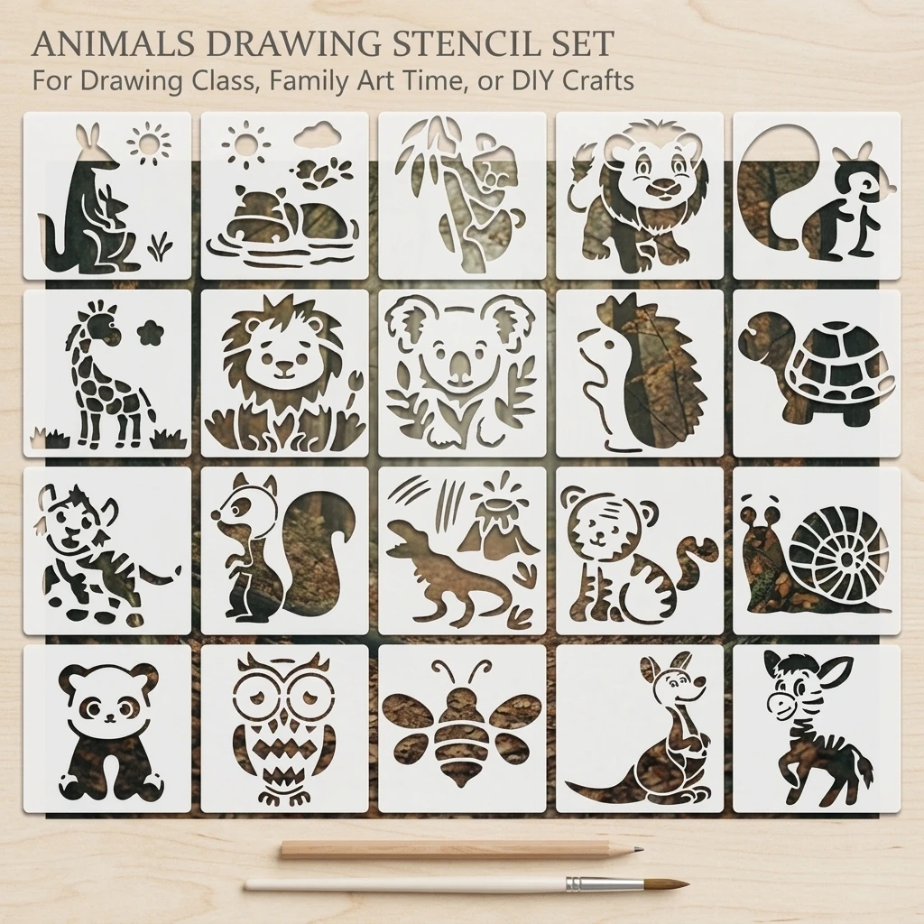 20pcs Cute Animal Drawing Stencils Set 15x15cm ABS Material Painting Templates Watercolor Crayon Marker Tracing Art Class Crafts