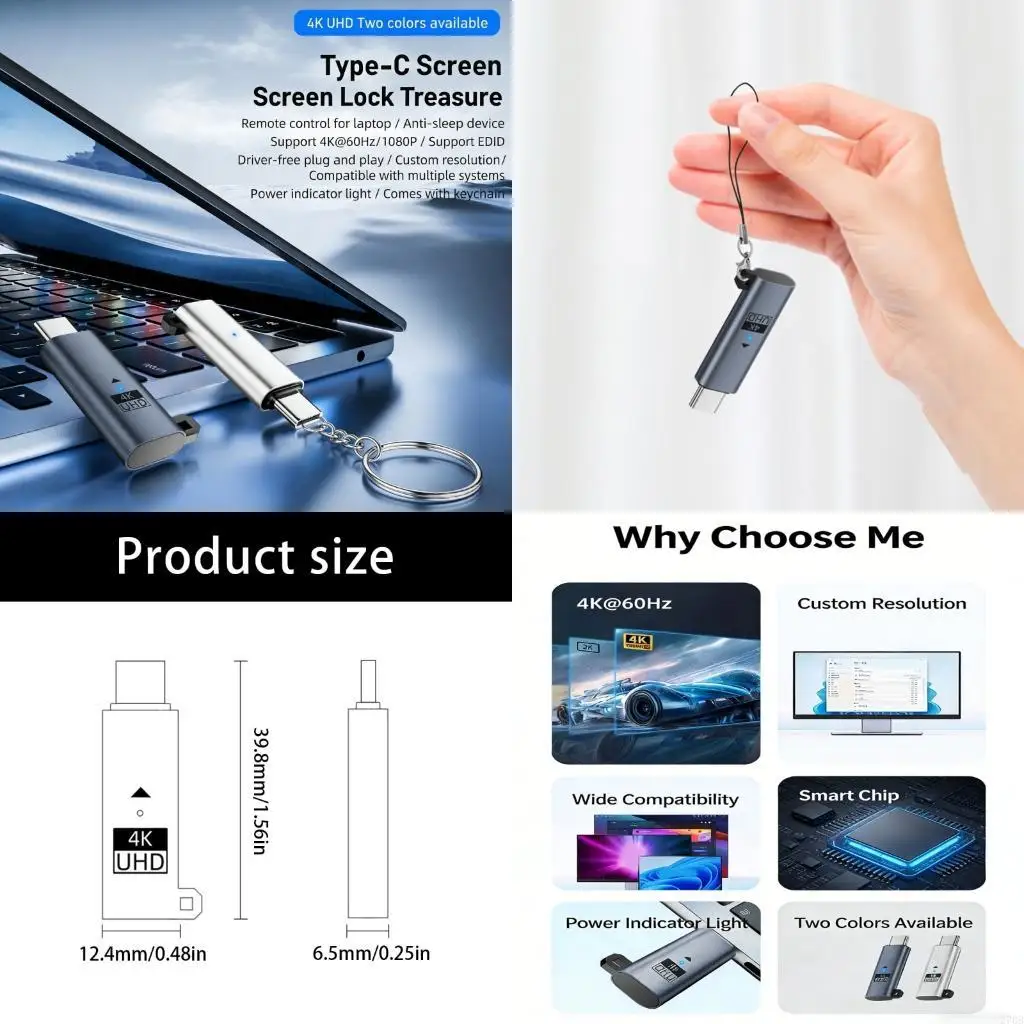 4K UHD Dummy Plug 1080P 60HZ Light Virtual Display Emulator Plug and Play Fake Load Adapter for Computer