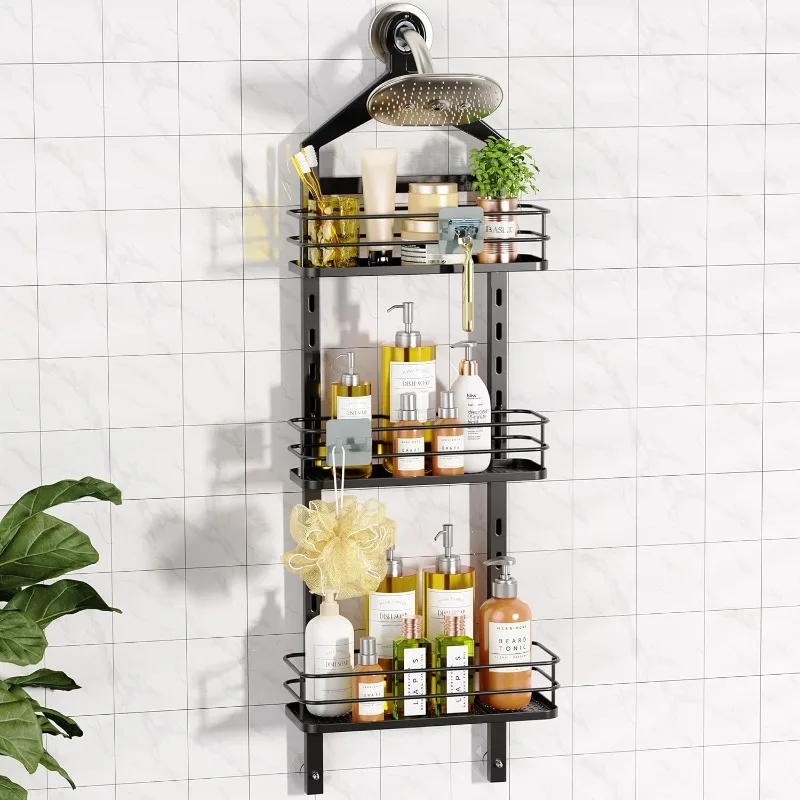 3 Tier Height-Adjustable Shower Caddy Hanging Anti-Swing-Over The Head Caddy-Shower Storage Organizer Bathroom Shelves Basket