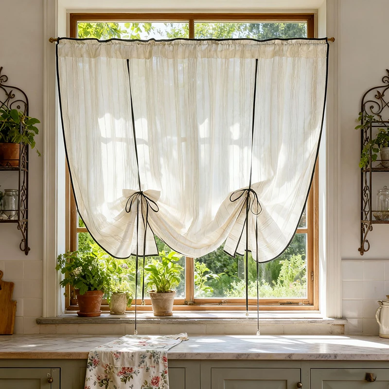 Cortina de tule bordada listrada retrô japonesa bege imitação de linho semi transparente para cozinha sala de estar sala de jantar