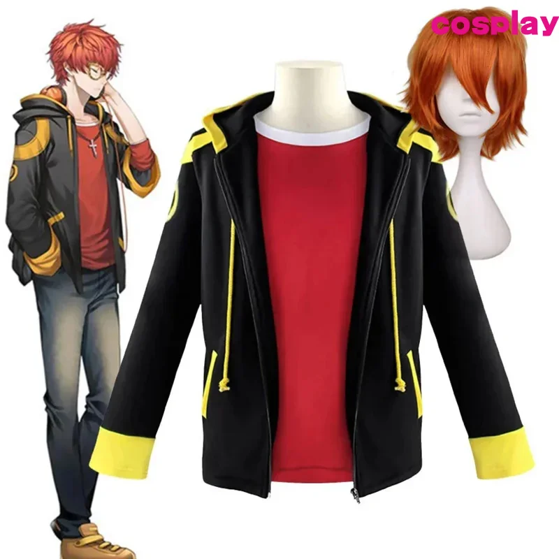 707 Cosplay Costume Mystic Messenger Saeyoung Console Cosplay Zipper Jacket Luciel Seven Hoodies 707 Red T-Shirt Short Orange D