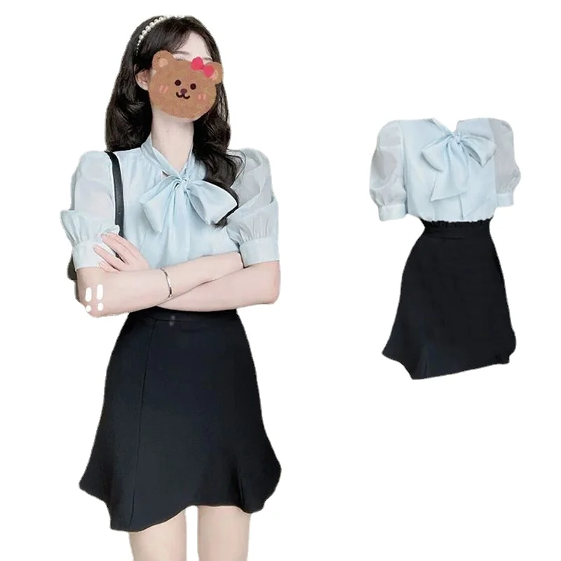 

2023 Summer New Korean Version of The Set Tied Short-sleeved Chiffon Shirt High-waisted Professional Short Skirt Two-piece