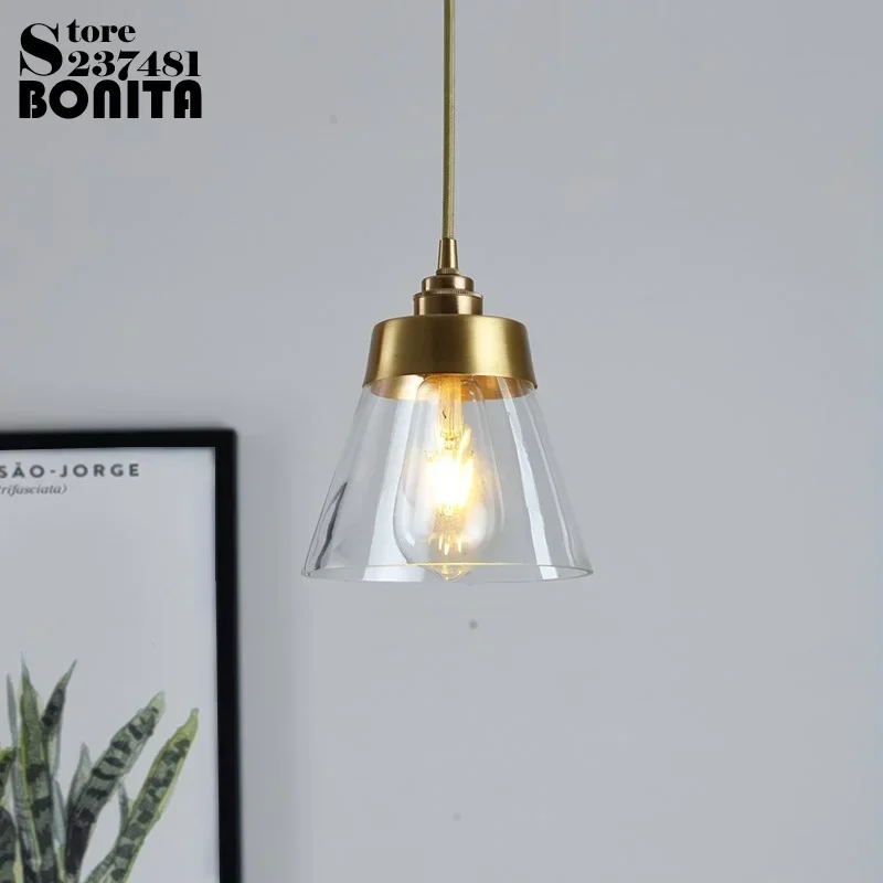 Retro luxury cord pendant light Glass brass hanging lamps vintage All copper head conical glass Edison small pendant lamp