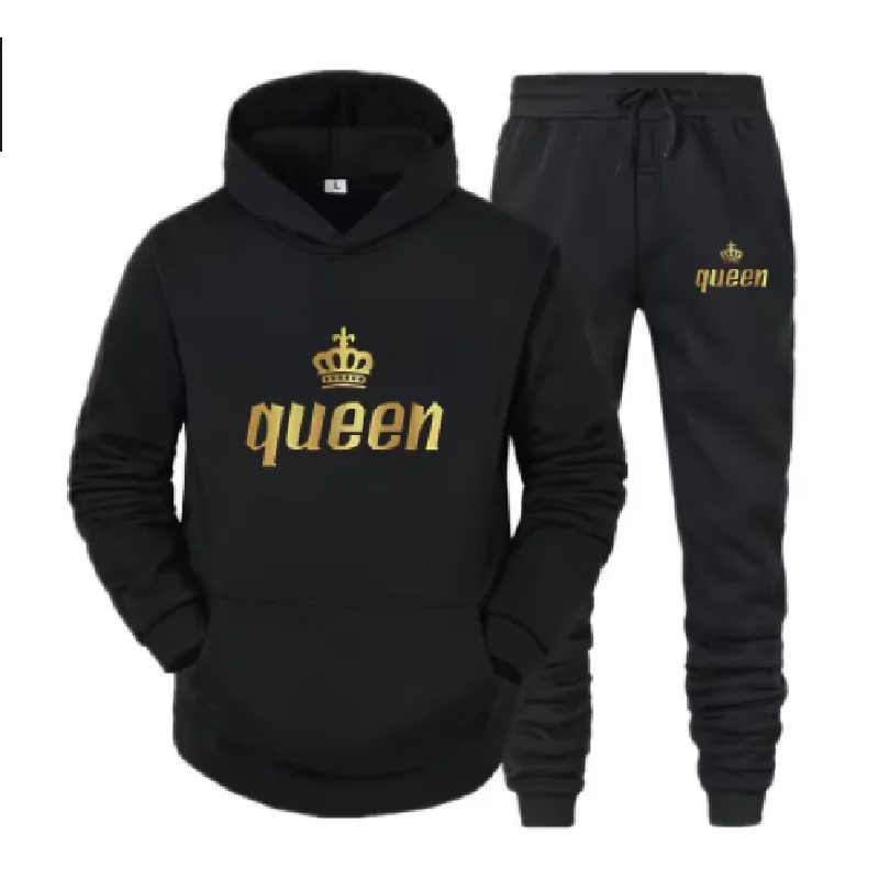 ชุดฮู้ดดี้พิมพ์ลาย KING And QUEEN แขนยาวแฟชั่น สำหรับฤดูใบไม้ร่วงและฤดูหนาว ชุดคู่รัก เสื้อฮู้ดดี้ + กางเกงขายาว ชุด 2 ชิ้น