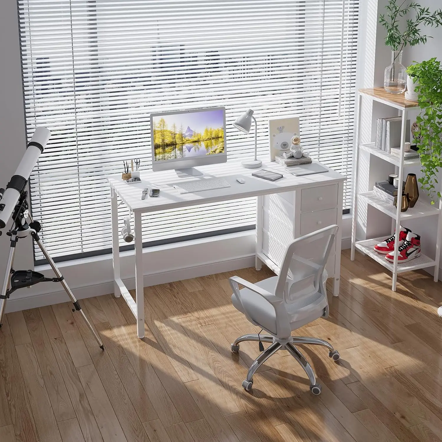 White Computer Desk With Drawers, 47 Inch Reversible Study Desk For Home Office Bedroom, Modern PC Desk With Fabric , Customized