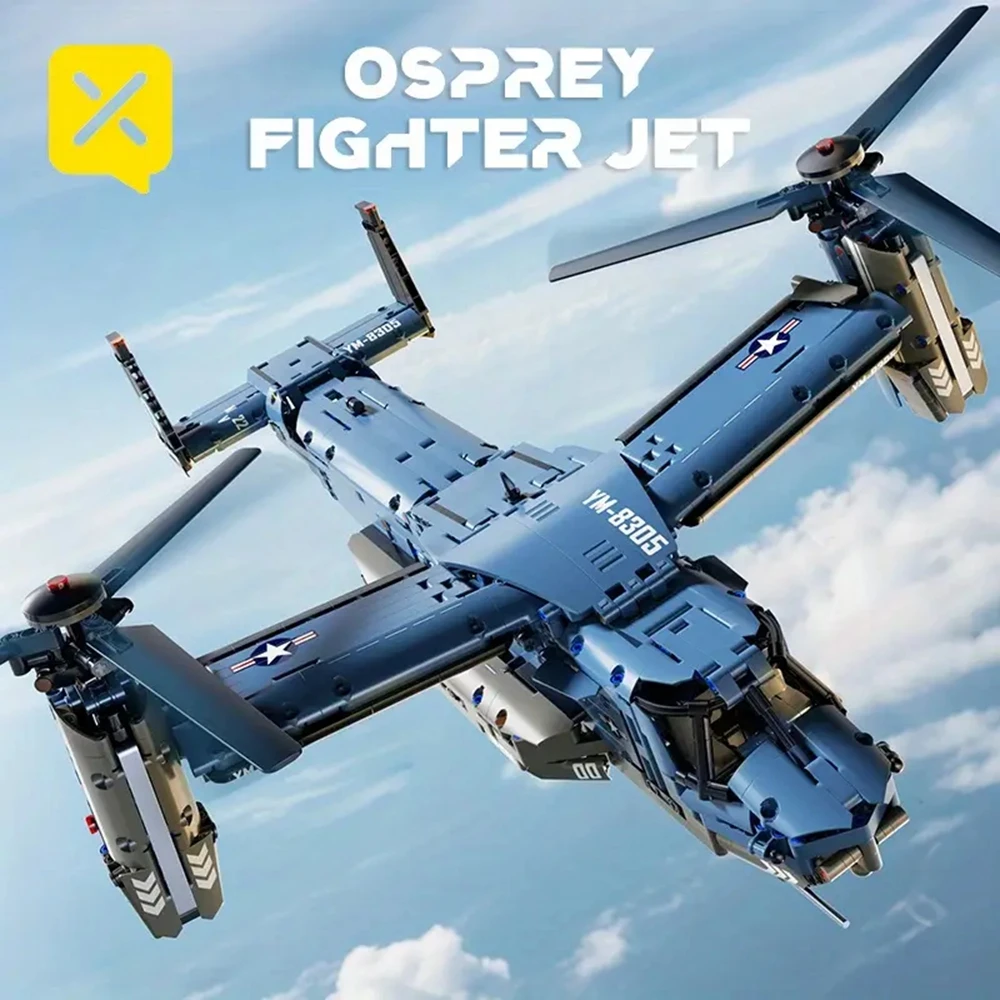 Ensemble de blocs de construction militaires Osprey Tiltrotor, 1480 pièces, grande taille, modèle d'avion à rouleaux coulissants haute fidélité, hélices, briques, jouet