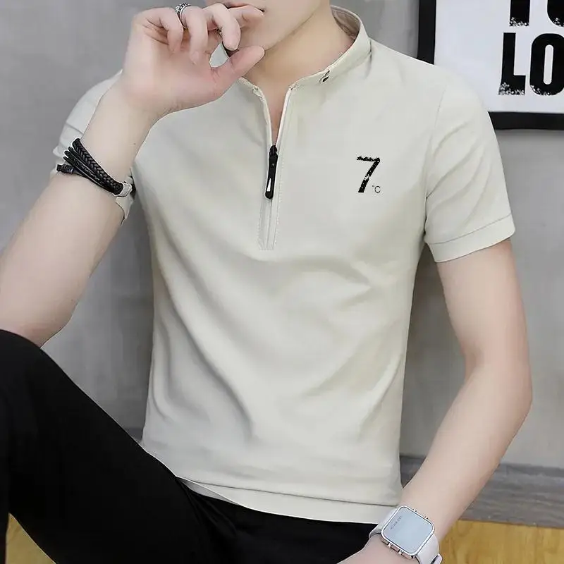 Summer New Men\'s Youthful Energy Stand Collar Polo Shirt Solid Color Zipper Button Short Sleeve Slim Casual T-shirts Bottom Tops