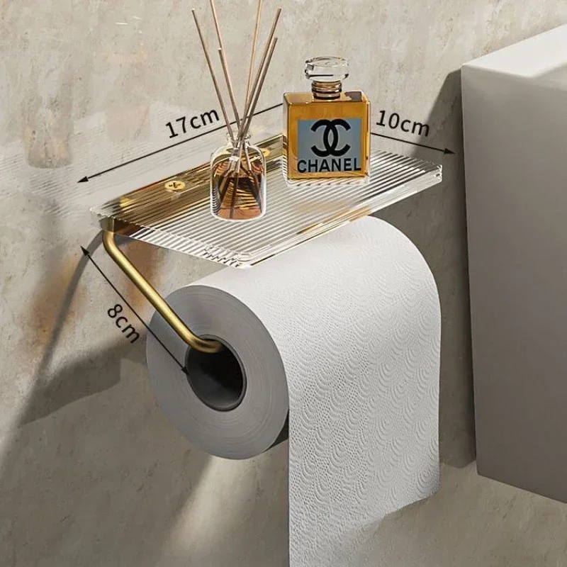 

Bathroom Luxury Gold Toilet Paper Holder - Punch-Free Wall-Mounted Acrylic Roll Paper Organizer Tissue Hanger With Storage Shelf