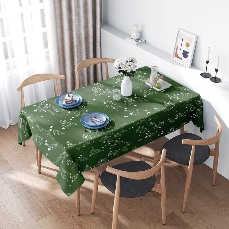 European Style Christmas Decorative Tablecloth Green Printed Pattern with Merry Xmas Trees and Gift Boxes for Holiday Party Deco