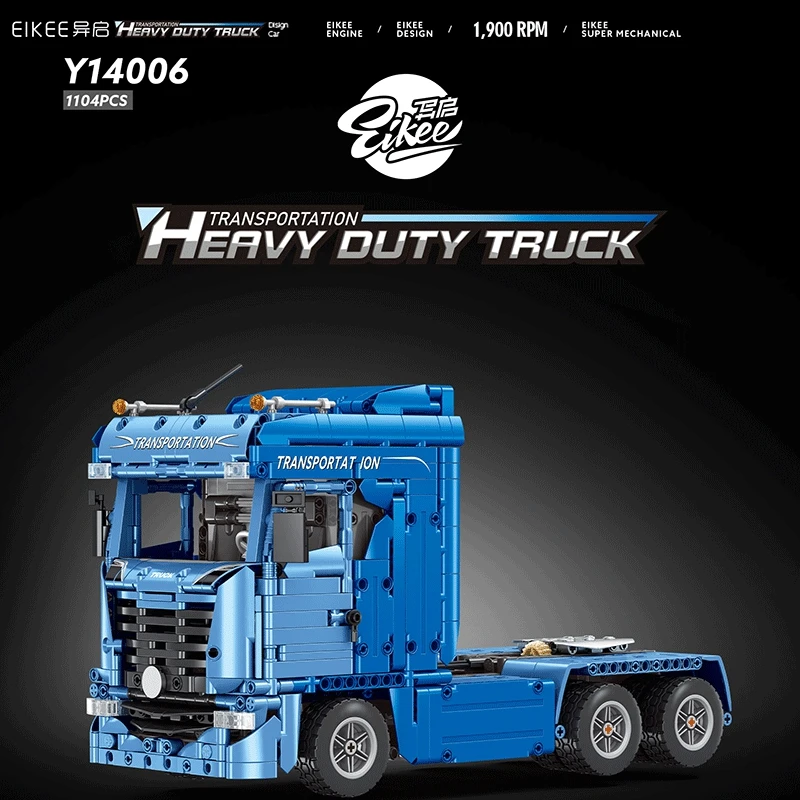 1:14 Blue Technic Truck Tractor with Flatbed Trailer, Mechanical Building Blocks Set, Engineering Vehicle Bricks, DIY Assembly T