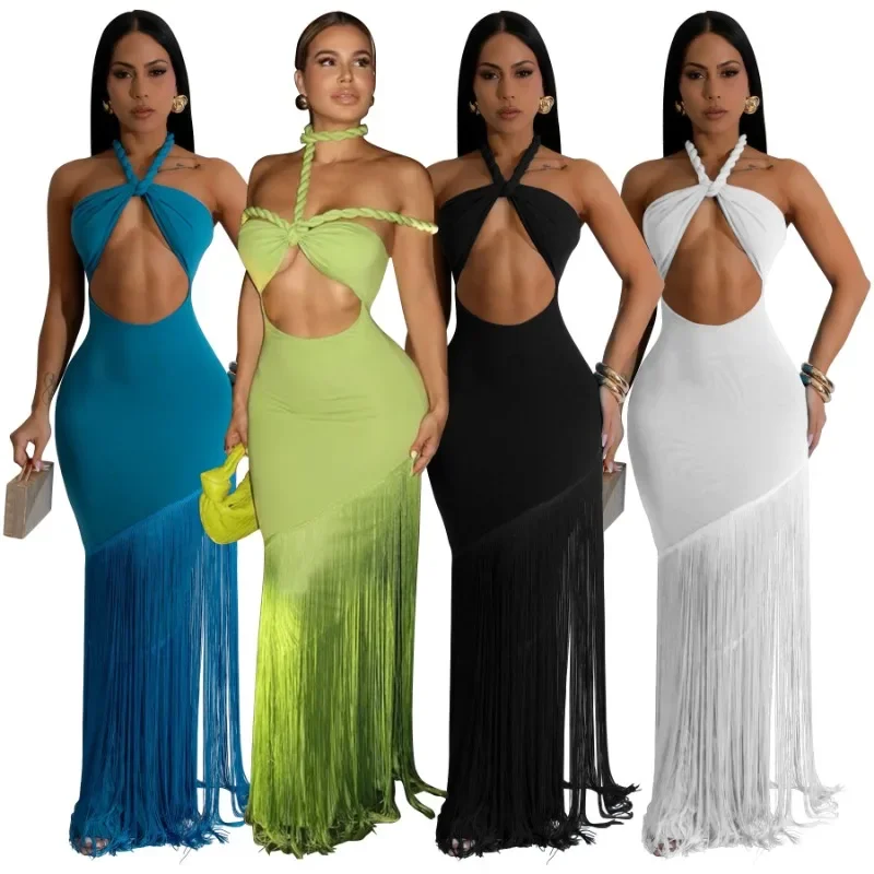 Sexy halter sem costas borla bodycon azul maxi vestido para mulheres elegante celebridade festa de aniversário noite baile formal robe