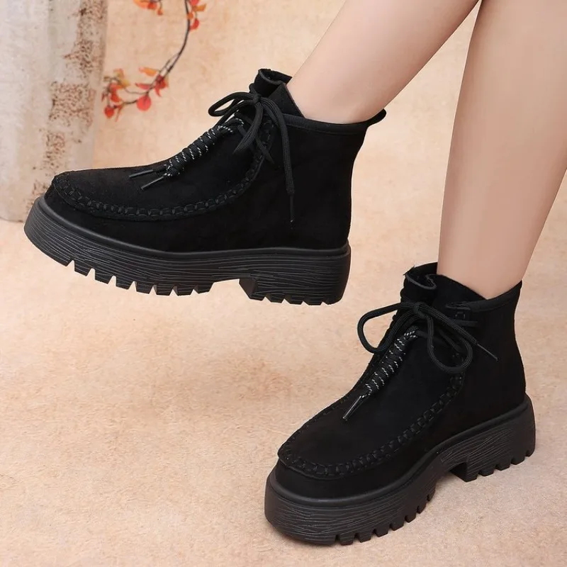 Botines de mujer con punta redonda, plataforma plana, suela de goma, aspecto de ante, con cordones y costuras en contraste, calzado informal para caminar a diario