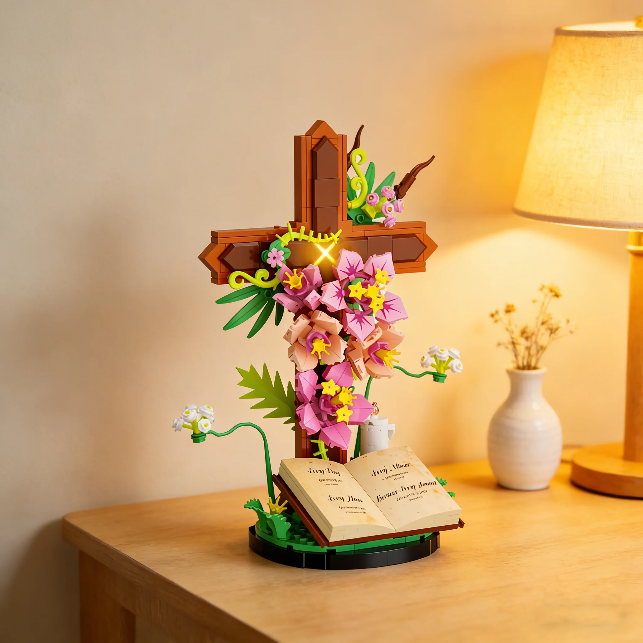 

MOC Christianity Cross Tulip Flower Bouquet Bricks Model Biblical Flowerpot Base DIY Building Blocks Toy Kid Gift