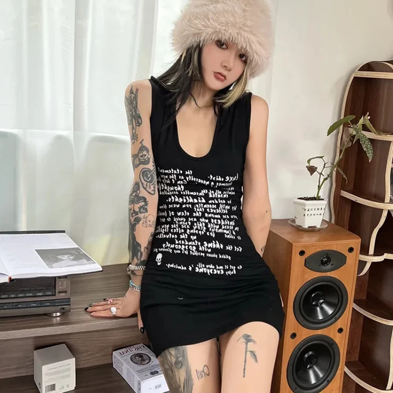 

Европейское и американское готическое короткое платье без рукавов в стиле панк, сексуальное облегающее летнее платье Y2K, женское готическое мини-платье