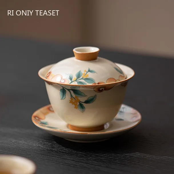 

Chinese Retro Ru Kiln Ceramic Gaiwan Hand-painted Flowers Teacup Handmade Beauty Tea Infuser Household Tea Bowl Portable Teaware