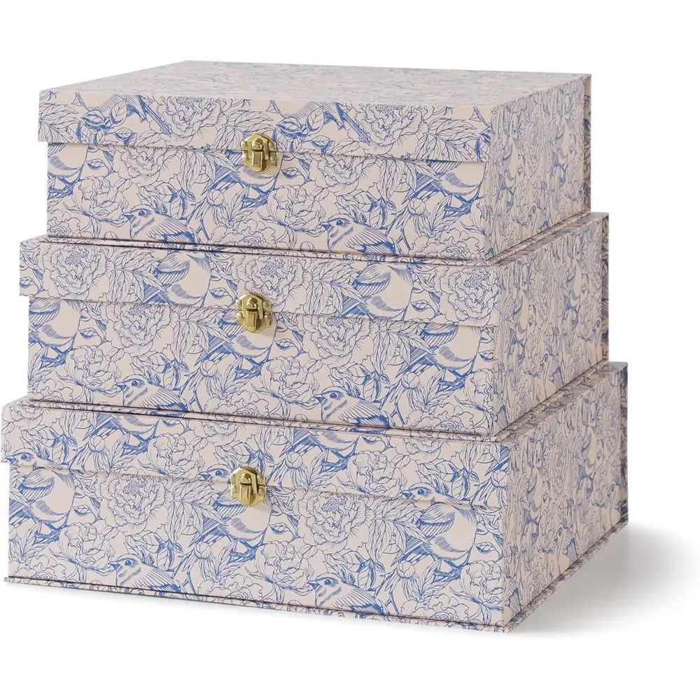 

Set of 3 Blue & White Floral Decorative Storage Boxes with Gold Hardware for Home, Aviary Garden Style