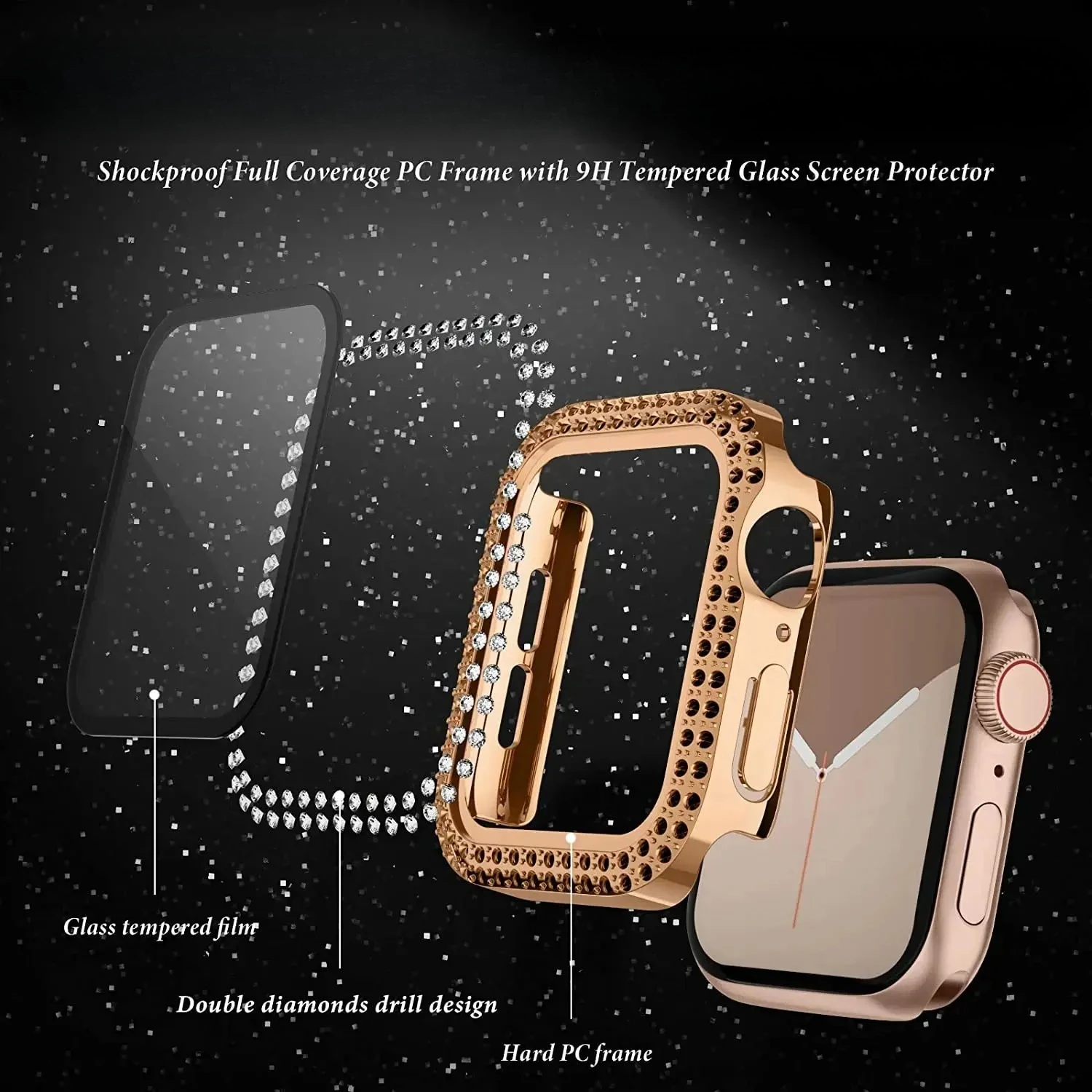 Чехол с бриллиантами для Apple watch 40 мм, 41 мм, 44 мм, 45 мм, 42 мм, 38 аксессуаров, блестящий защитный чехол-бампер iWatch series 3 4 5 6 7 se 8 9