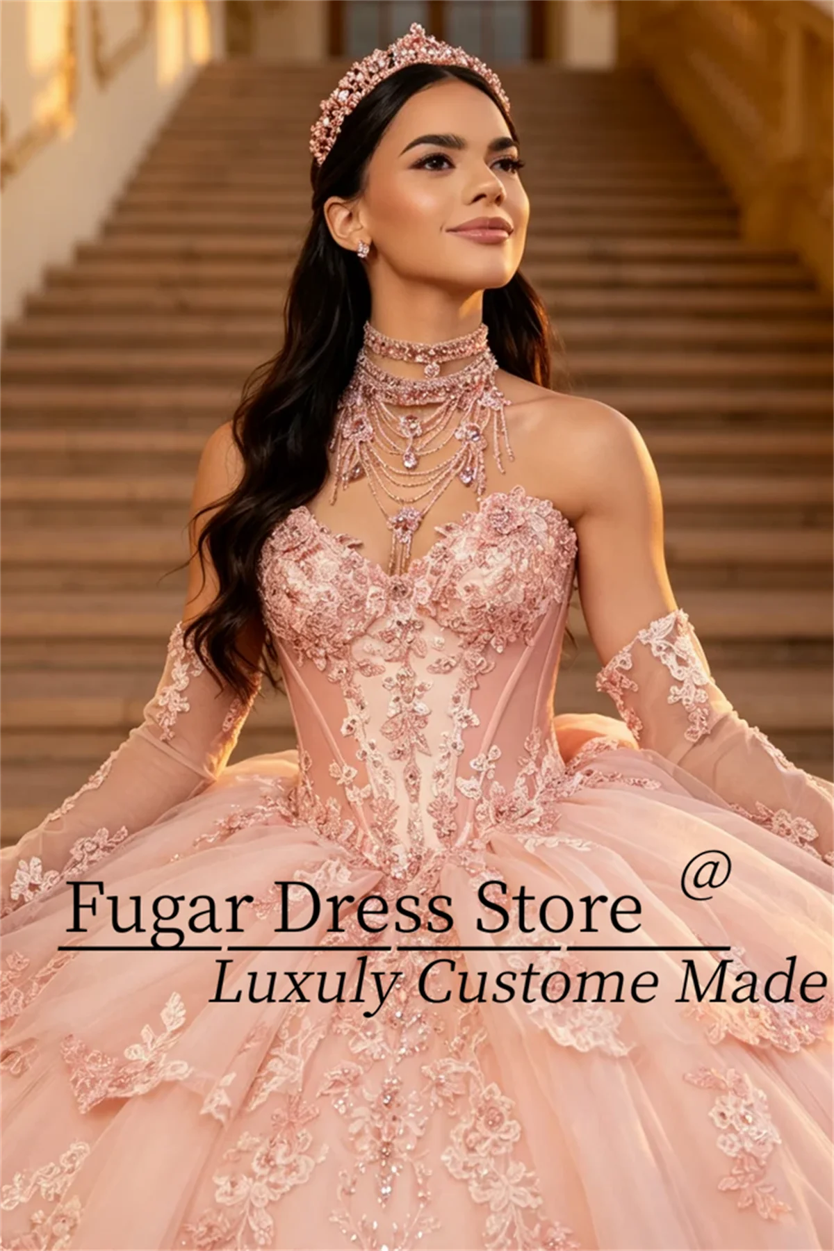 Customized Blush Pink Quinceanera Dress Strapless 3D Floral Lace Appliques Detachable Long Gloves Tiered Gown Sweet 16 Dress