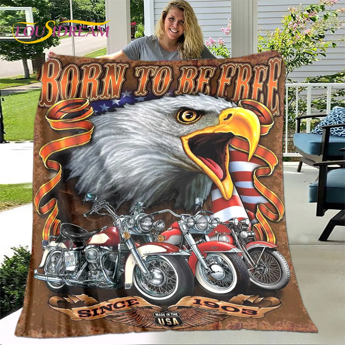 

3D Retro Vintage Motorcycle Eagle Soft Plush Blanket,Flannel Blanket Throw Blanket for Living Room Bedroom Bed Sofa Picnic Cover