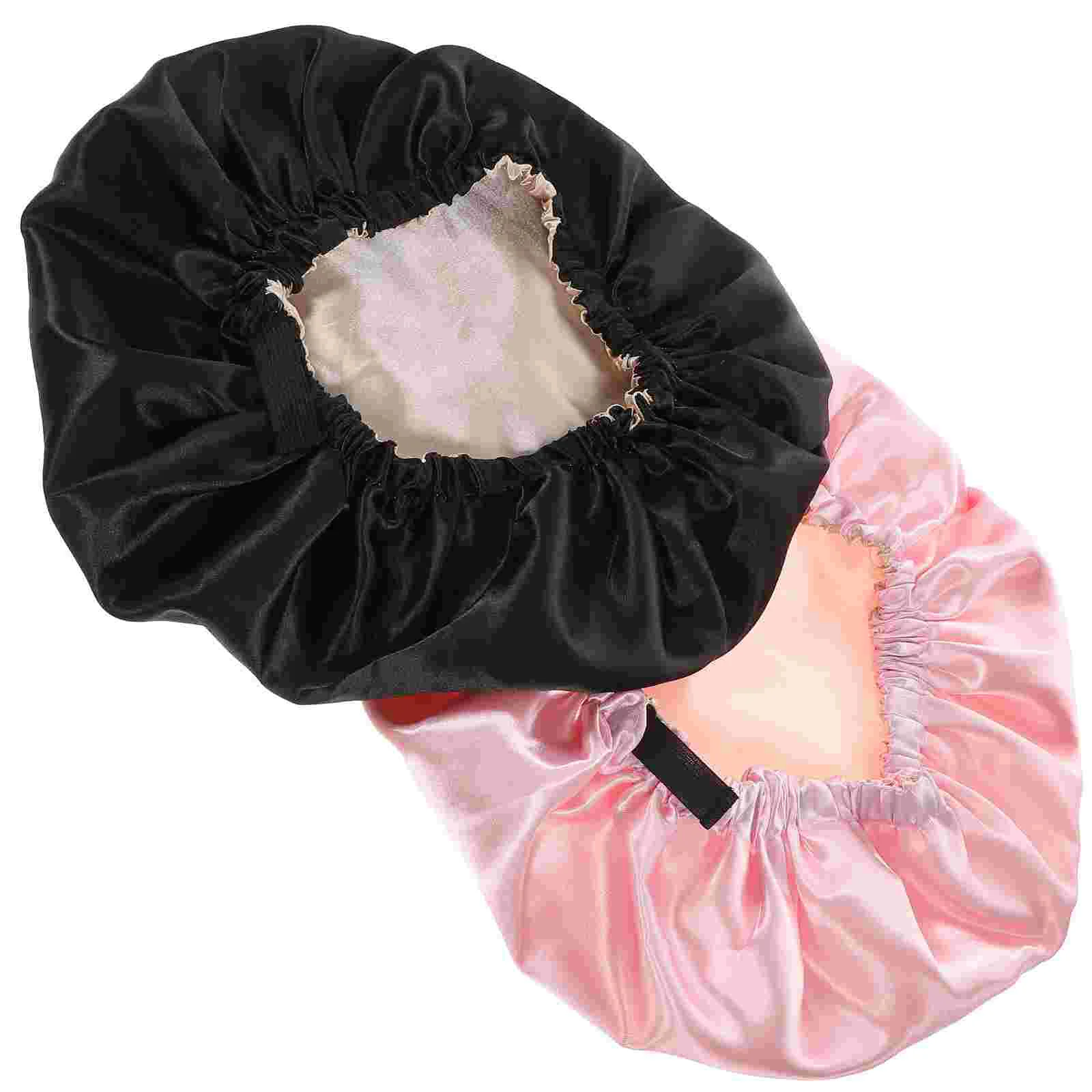 

2 Pcs Shower Cap Night Hair Bonnet for Braids Bath Hat Double Layer Sleeping Caps Satin Elastic Women Hats Weaves Black