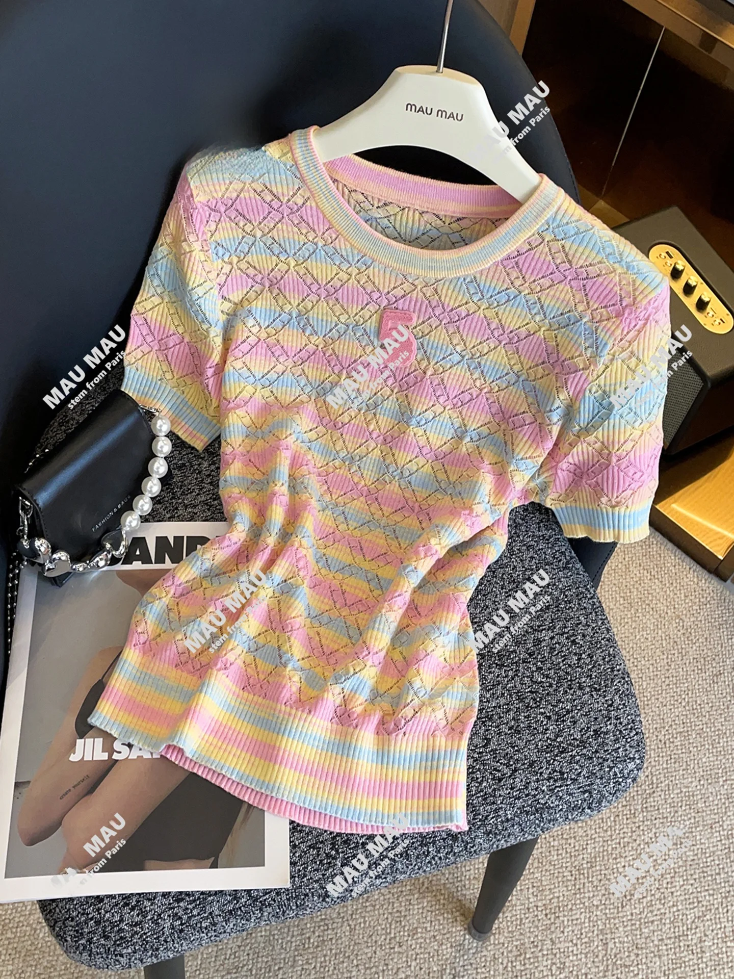 

High-End Women's Rainbow Striped Hollow Knitted T-irt Autumn New Arrival Commute Sle Regular Fit Medium Softn ort Sl...