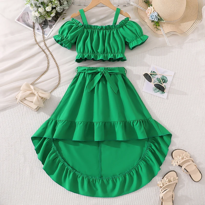 Girls 8-12 Summer Casual Skirt Set, Front Puff Sleeve Top & High Waist Ruffle Skirt, Breathable Daily Kids Outfit