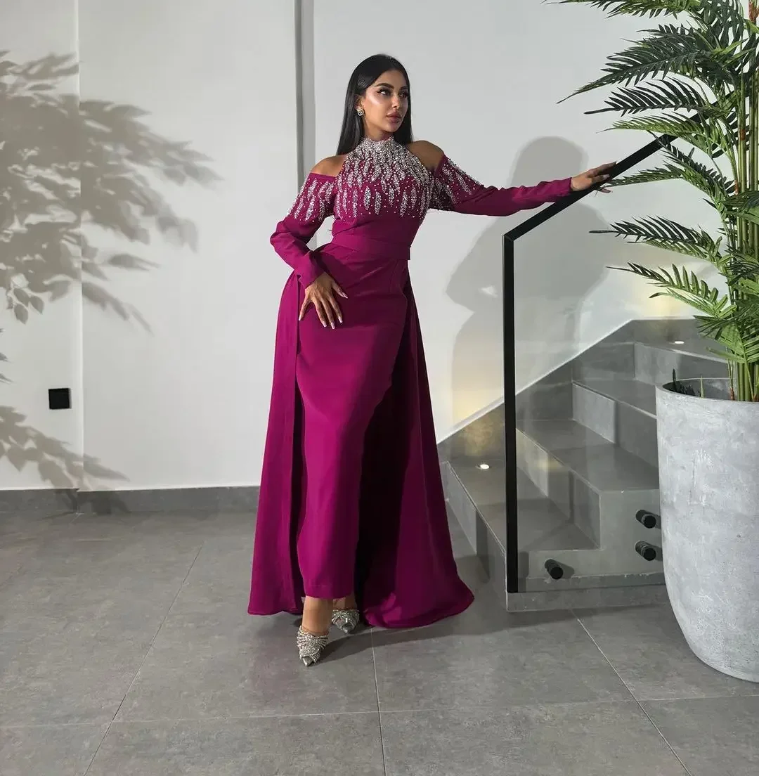 

Saudi Arabia Mermaid Long Sleeves Prom Dresses Mermaid Crystals Evening Dresses High Neck Beadings Ankle Length Party Dresses