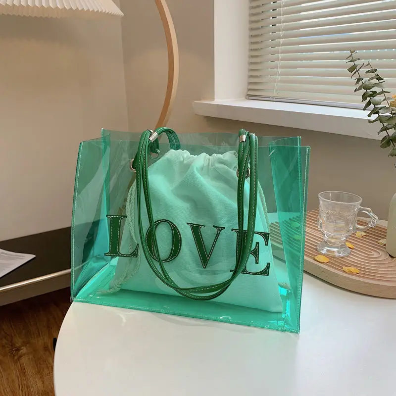 Bolso de hombro transparente con empalme de letras de amor para mujer, bolsa de gelatina impermeable de ocio con bolsa interior de almacenamiento, nueva moda