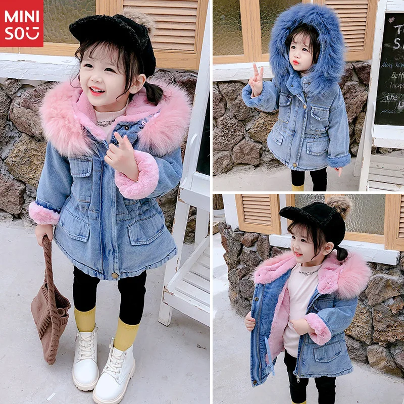 

2025 Girls Winter Denim Coat, Fleece Lined Hooded Jacket with Fur Collar