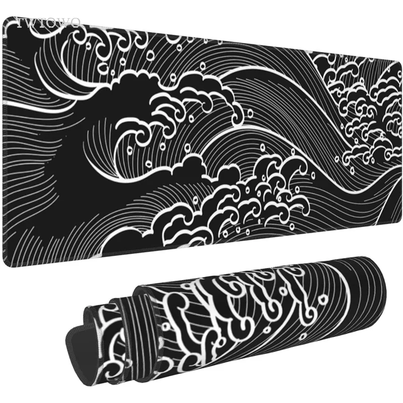 Black And White Japanese Waves Mouse Pad Gamer XL Custom Home HD Mousepad XXL keyboard pad Office Non-Slip Computer Mouse Mats