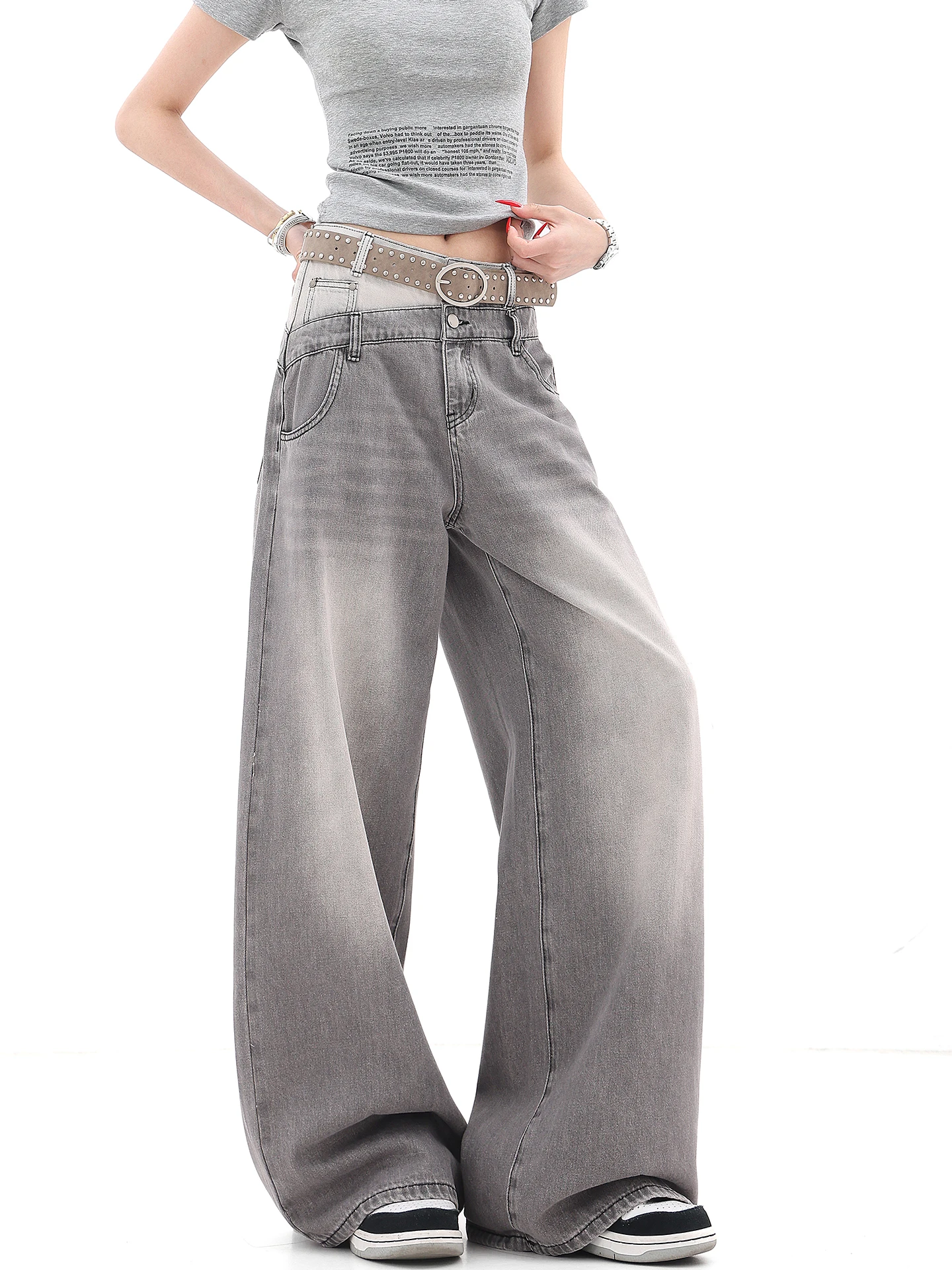 

American Waed adient Waist Design Loose Straight Leg Jeans Women High Street Wide Leg Pants Floor Length Trousers