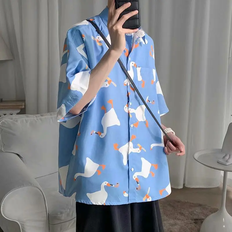 Retro Oil Painting Goose Print Men's Short Sleeve Thin Shirt Summer Fashion Casual Loose Square Neck Versatile Top Shirt