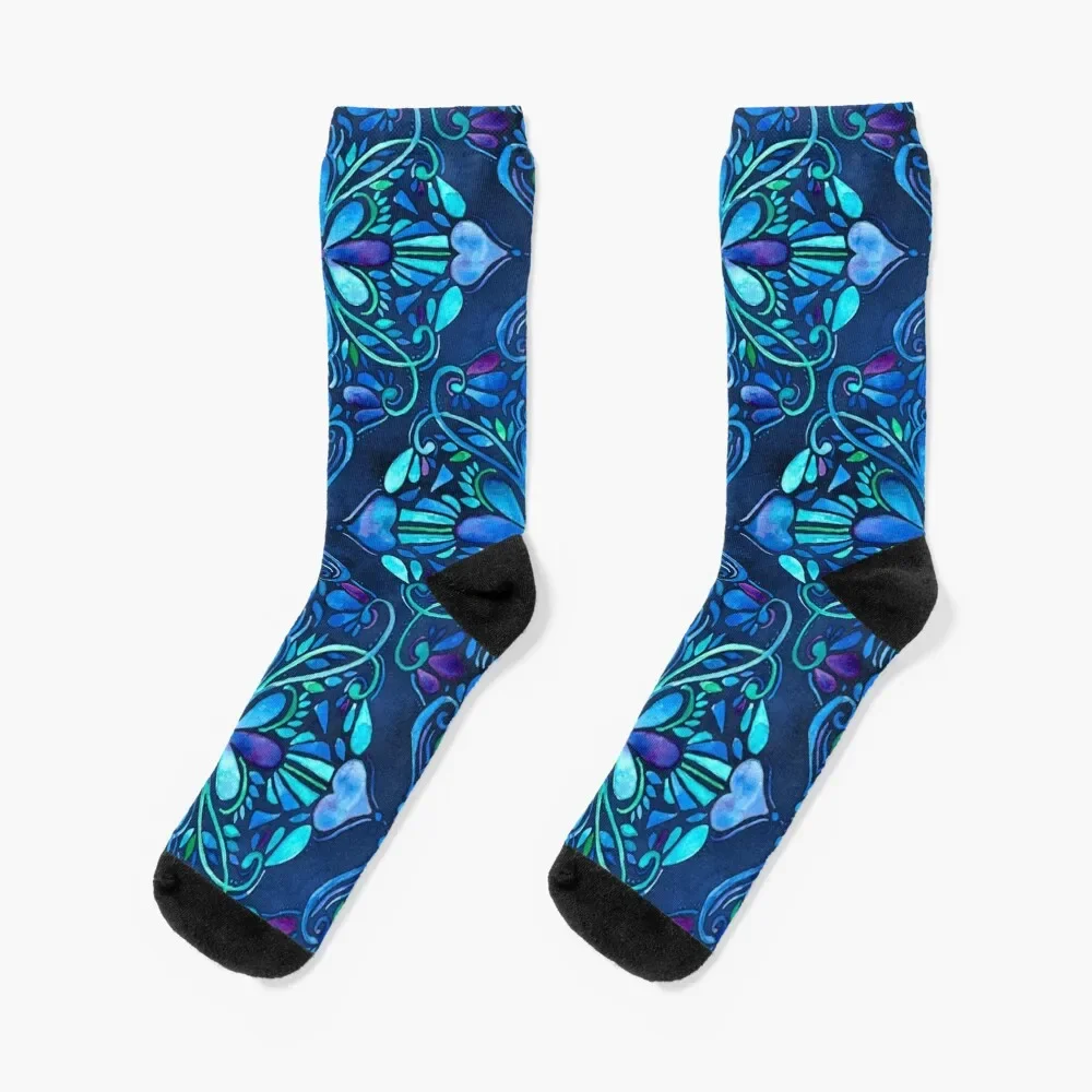 Deep Ocean Art Nouveau Watercolor Doodle Socks sheer tennis fashionable Mens Socks Women's