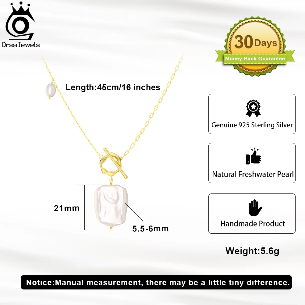 ORSA JEWELS 925 Sterling Silver Handpicked Natural Pearl Necklace with OT Toggle Clasp for Women Pearl Pendant Jewelry GPN45