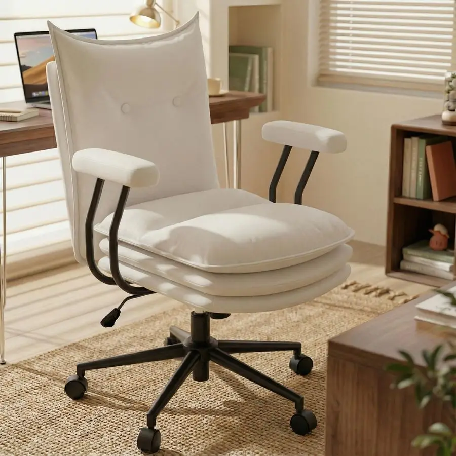 

Офисное кресло с трехслойным утолщенным широким сиденьем, кожаное кресло для рабочего стола со средней спинкой, на колесиках и с подлокотниками, компьютерное кресло в стиле Mid-Century Modern