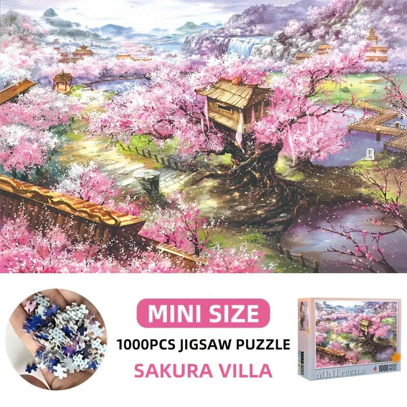 

1000pcs Sakura Villa Jigsaw Puzzle, 14.96x10.24inch Mini Size, 1:1 Drawing, Home Decoration Serene Villa Theme | Vibrant Artwork