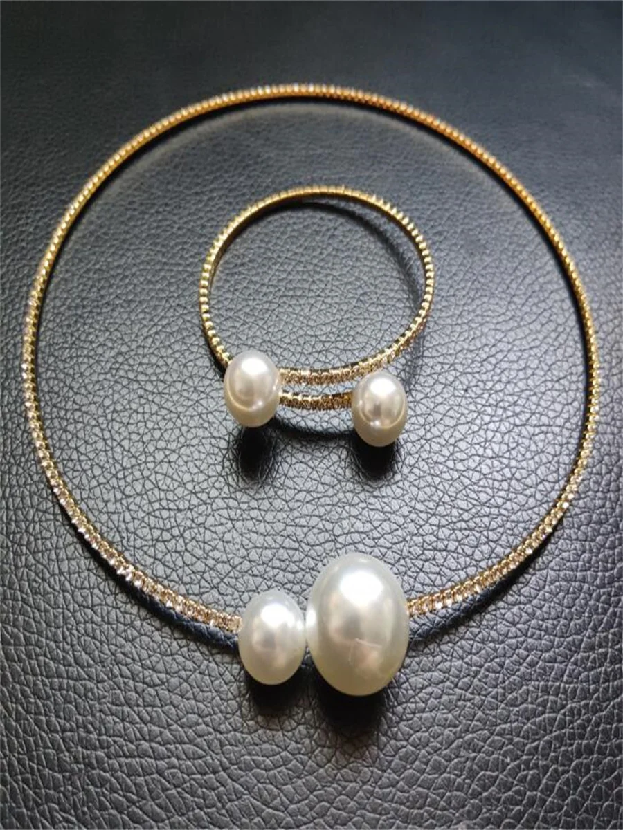 Imitation Pearl diamond-encrusted open collar necklace bracelet two-piece suit