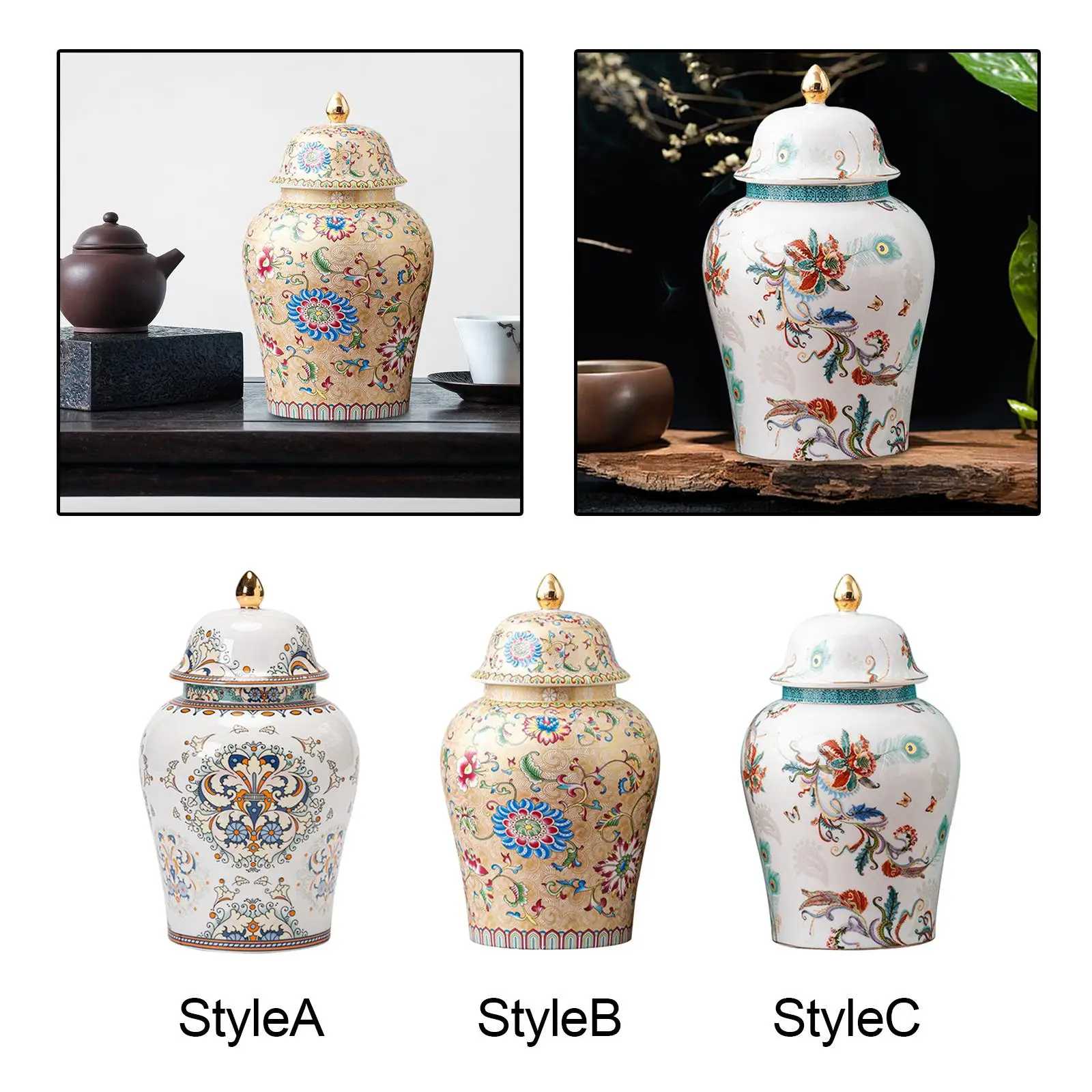 Ginger Jar Home Decor Accent Glazed Gift for Weddings, Party Dried Flower Vase Traditional Porcelain Jar