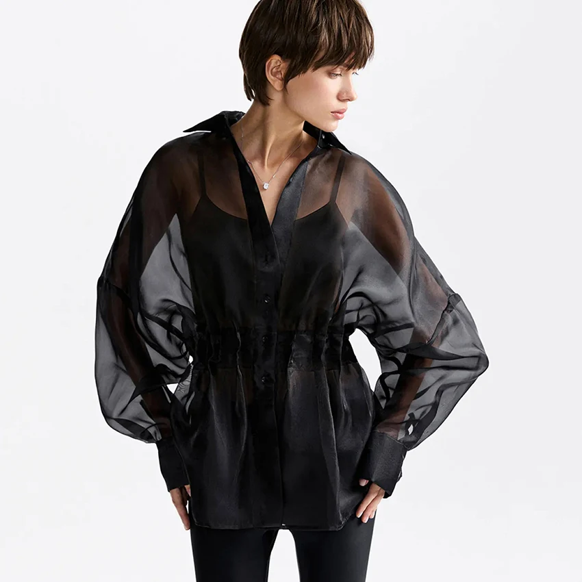

Linad Office Lady Sheer Button Up Shirts 2026 Elegant Black Mesh Lapel Blouse Woman Autumn Casual Thin Long Sleeve Tops Female