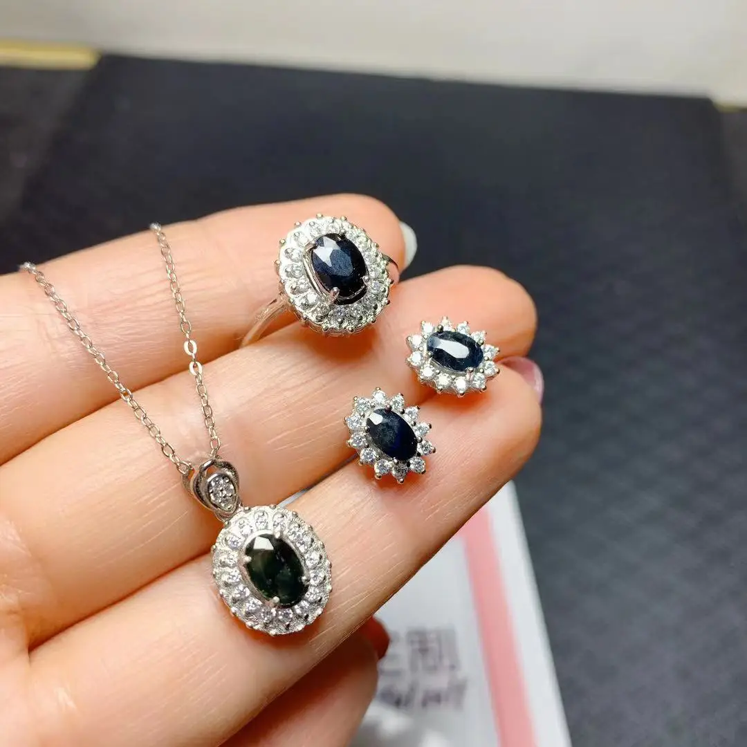 100% Natural Black Sapphire Jewelry Set for Party 5mm*7mm and 4mm*6mm Chinese Black Sapphire Ring Earrings Pendant 925 Silver