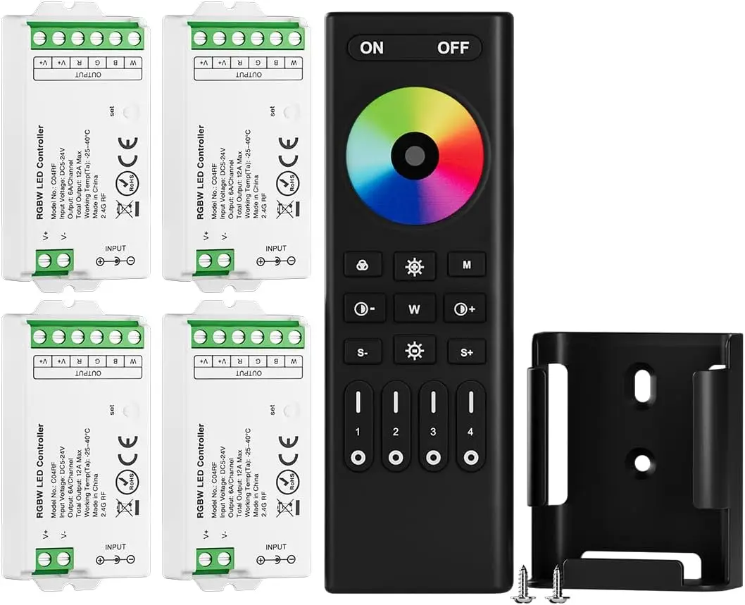 

2.4GHz Wireless Remote & 4 Controllers Kit for RGBW LED Strips, Group Control, Tuya App Compatible